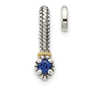 925 SS Antiqued 14k Gold Accent Created Blue Sapphire Chain Slide Pendant